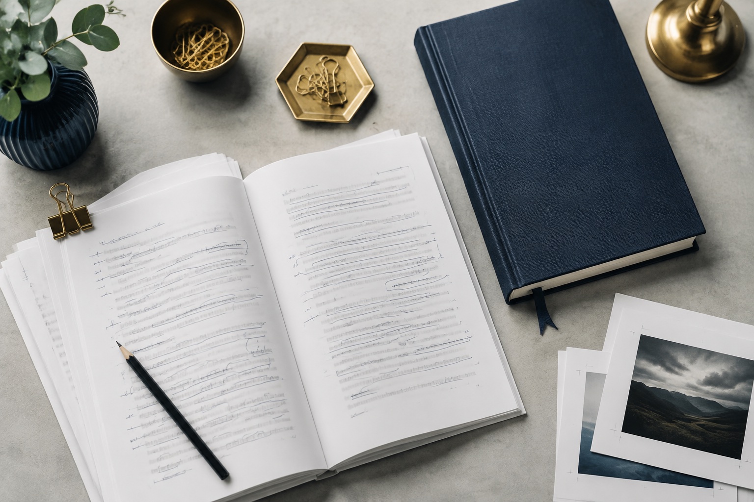A manuscript, clothbound book, pencil, and page proofs arranged on an editor’s desk